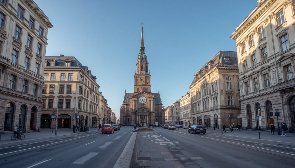 Hannovers Innenstadt mit prunkvollen hellen Sandstein-Gebäuden und der Dreifaltigkeitskirche mit hoher Spitze unter klarem blauem Himmel