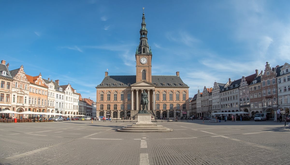 Bremer Marktplatz mit historischem Rathaus, Roland-Statue und Uhrenturm unter blauem Himmel, umgeben von bunten Giebelhäusern