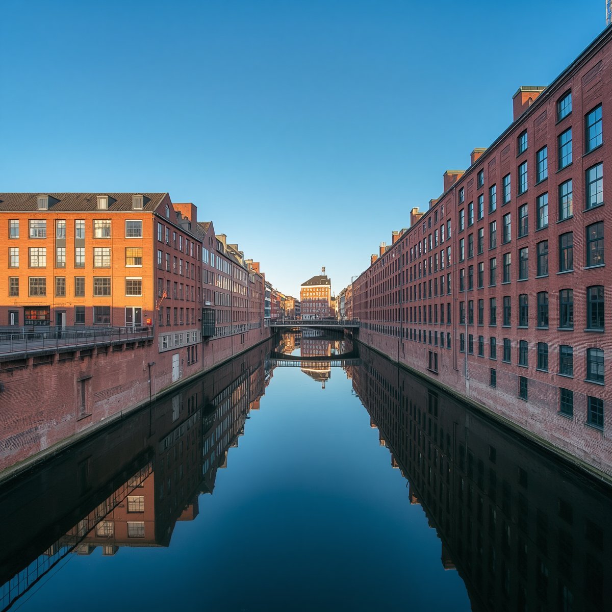 Historische Hamburger Speicherstadt mit Backstein-Gebäuden, ruhigem Kanal und blauem Himmel im Abendlicht