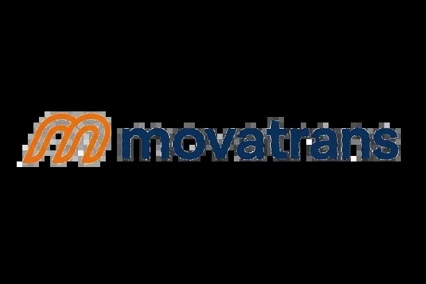 Movatrans logo with orange curved lines and blue text