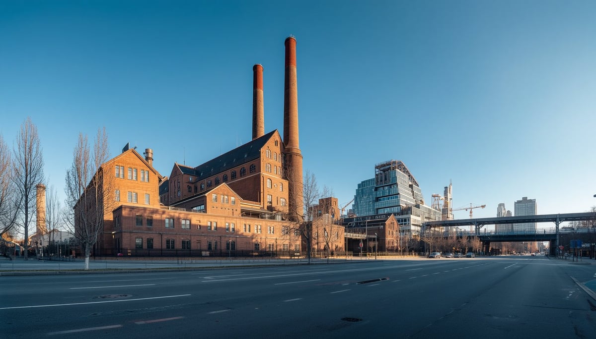 Essener Industriedenkmal: historische Backstein-Fabrik mit zwei hohen Schornsteinen im Abendlicht, daneben moderner Glasturm und Hochstraße
