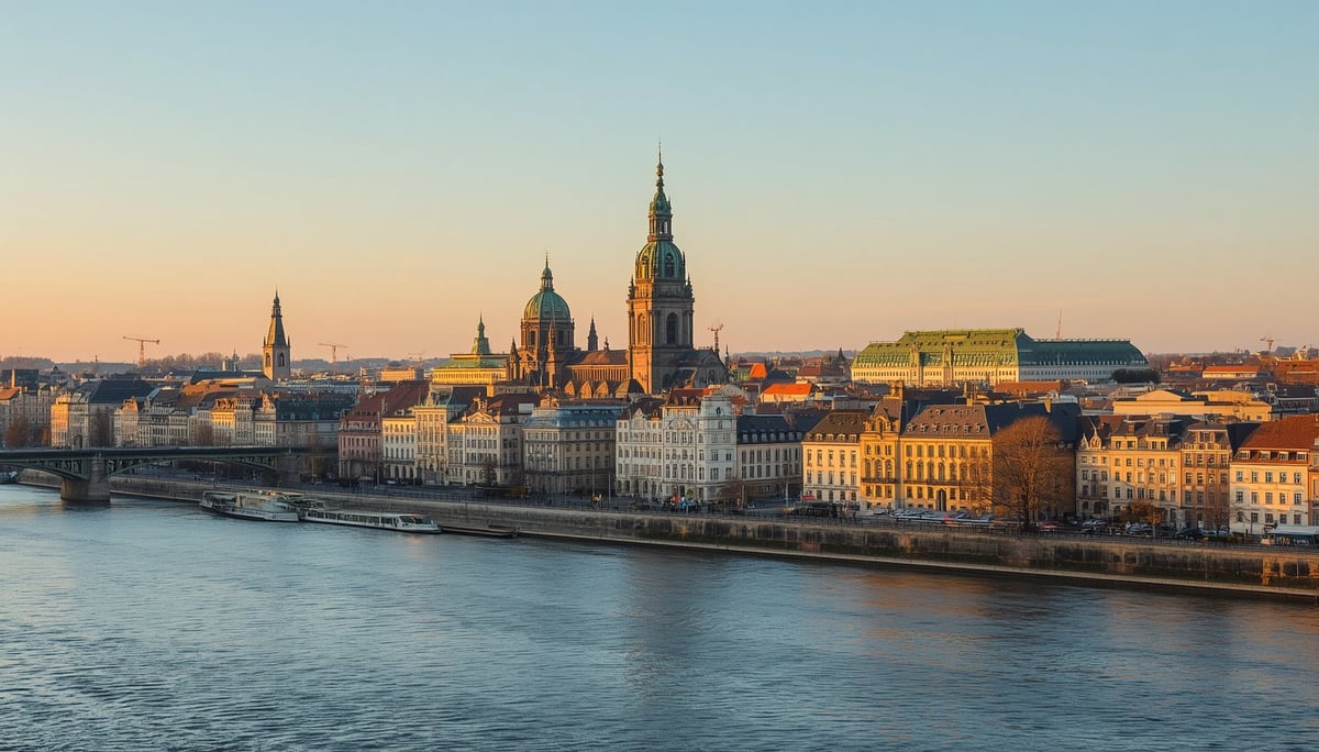 Dresdner Altstadt-Silhouette bei Sonnenuntergang mit barocken Kirchtürmen, Kuppel der Frauenkirche und goldgelben Fassaden, gespiegelt in der Elbe