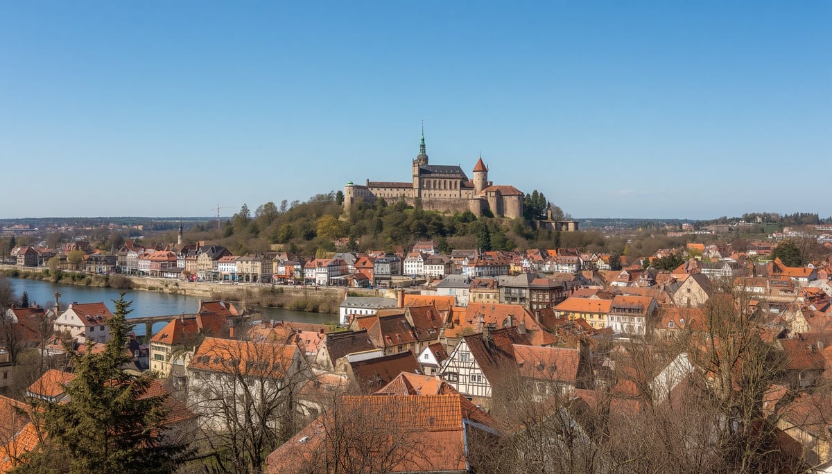 Nürnberger Burg auf einem Hügel, thronend über der Altstadt mit roten Dächern, Fachwerkhäusern und der Pegnitz im Vordergrund