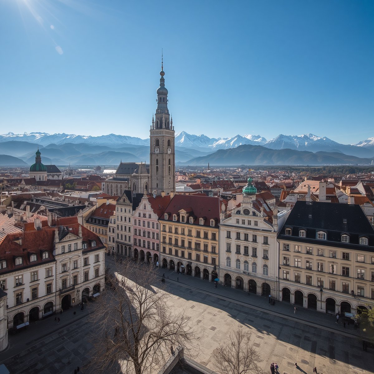 Luftaufnahme des Münchner Marienplatzes mit historischen Fassaden, gotischem Kirchturm und Alpen im Hintergrund unter klarem blauem Himmel