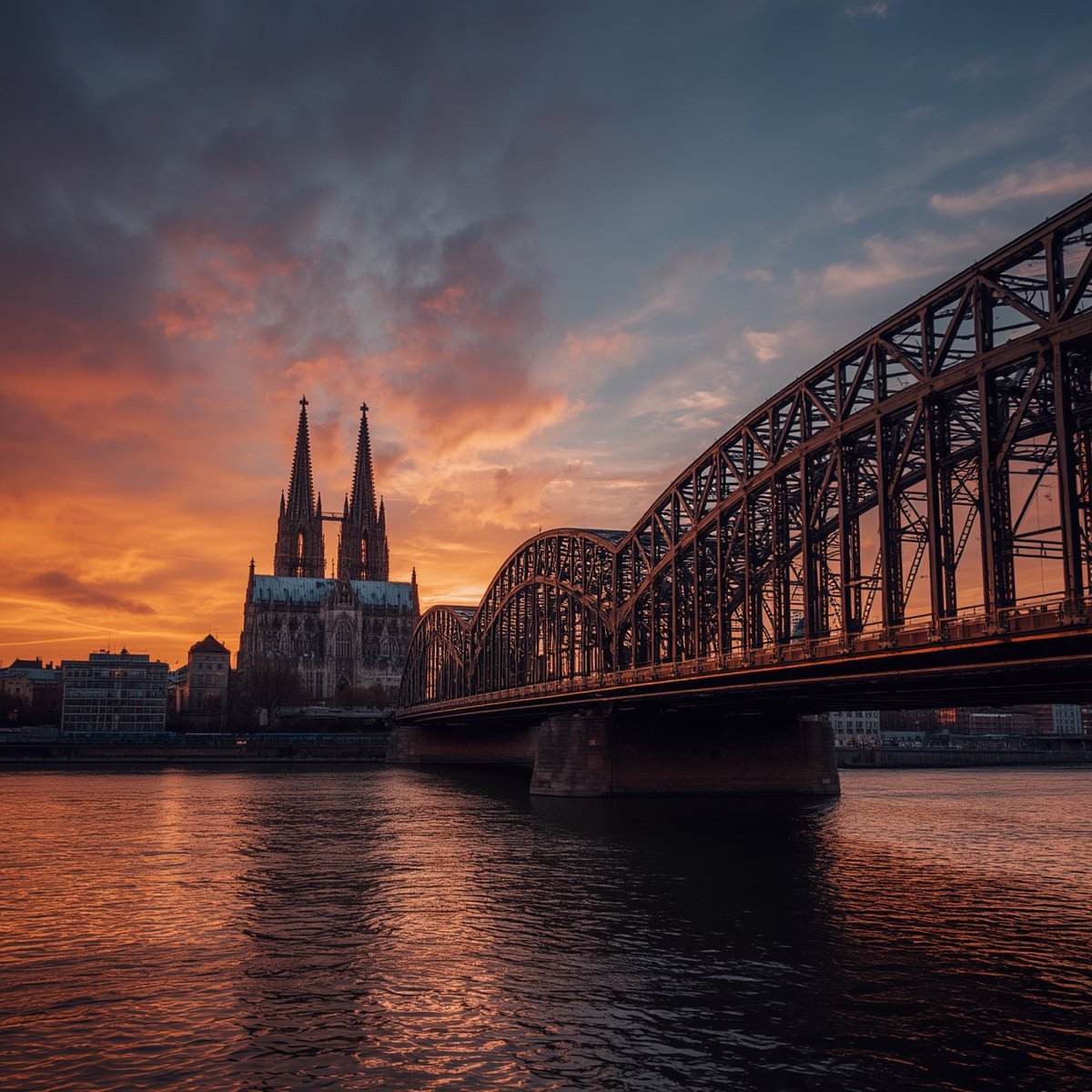 Kölner Dom und Hohenzollernbrücke bei Sonnenuntergang über dem Rhein mit orange-violettem Himmel